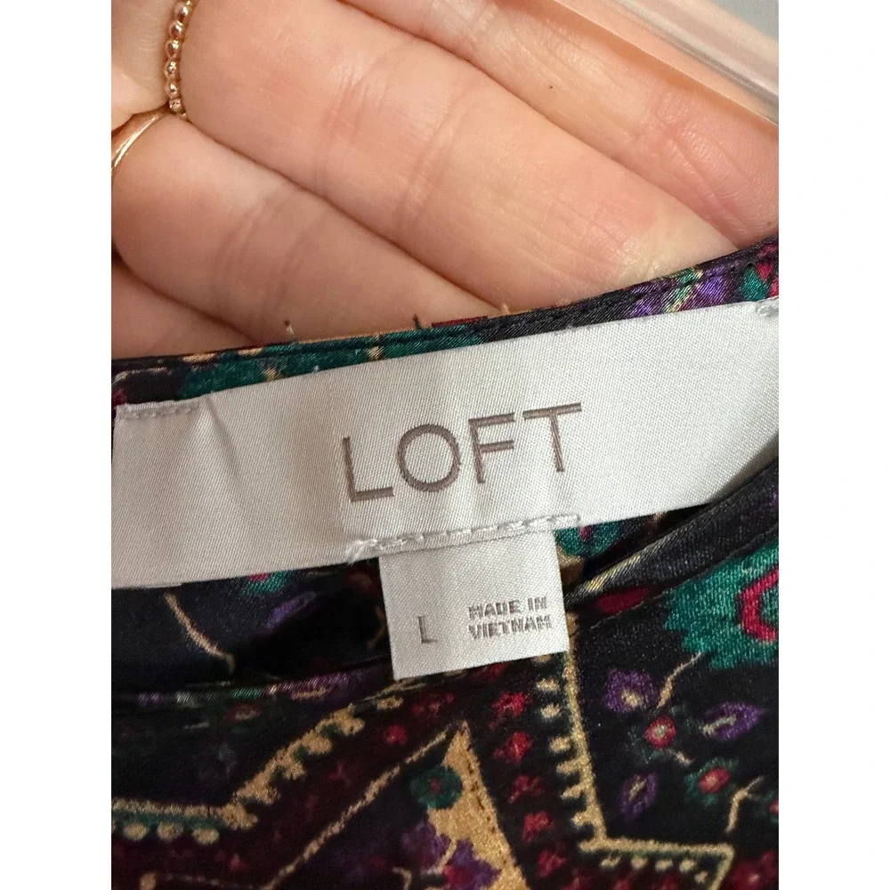 Loft Blouse Womens Large Multicolor Geometric Medallion Satin Puff Sleeve Boho